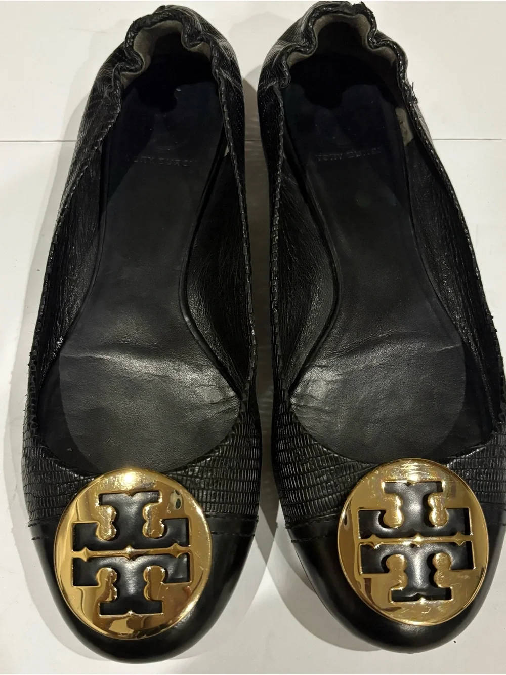 Tory Burch Black Leather Logo Cap-Toe Ballet Flats with Gold Emblem